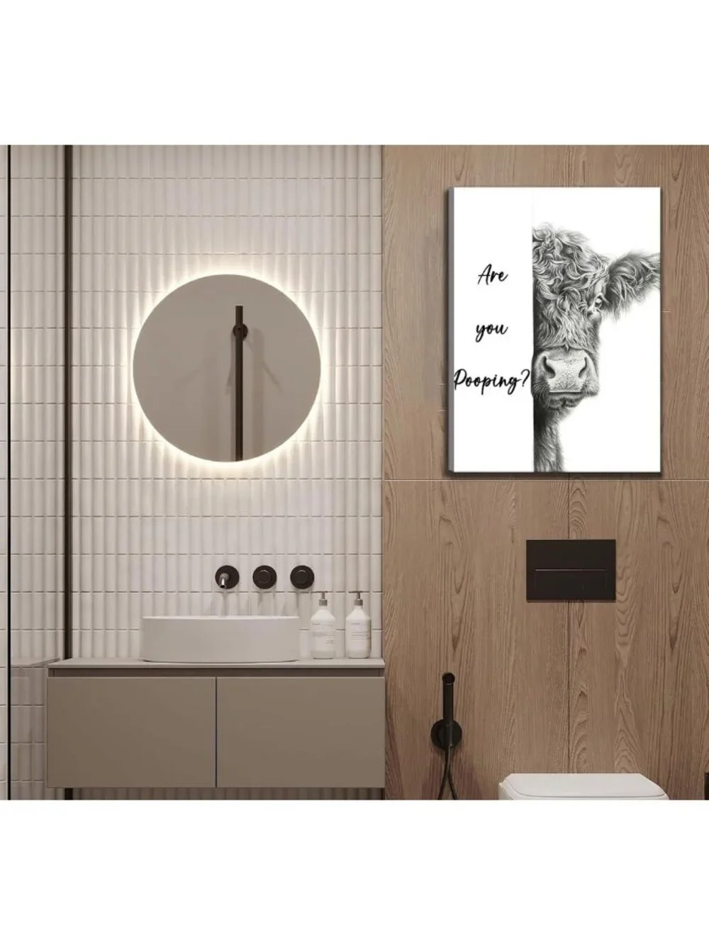 Cute Highland Cow Bathroom Wall Art - Funny Black & White Animal Decor Print